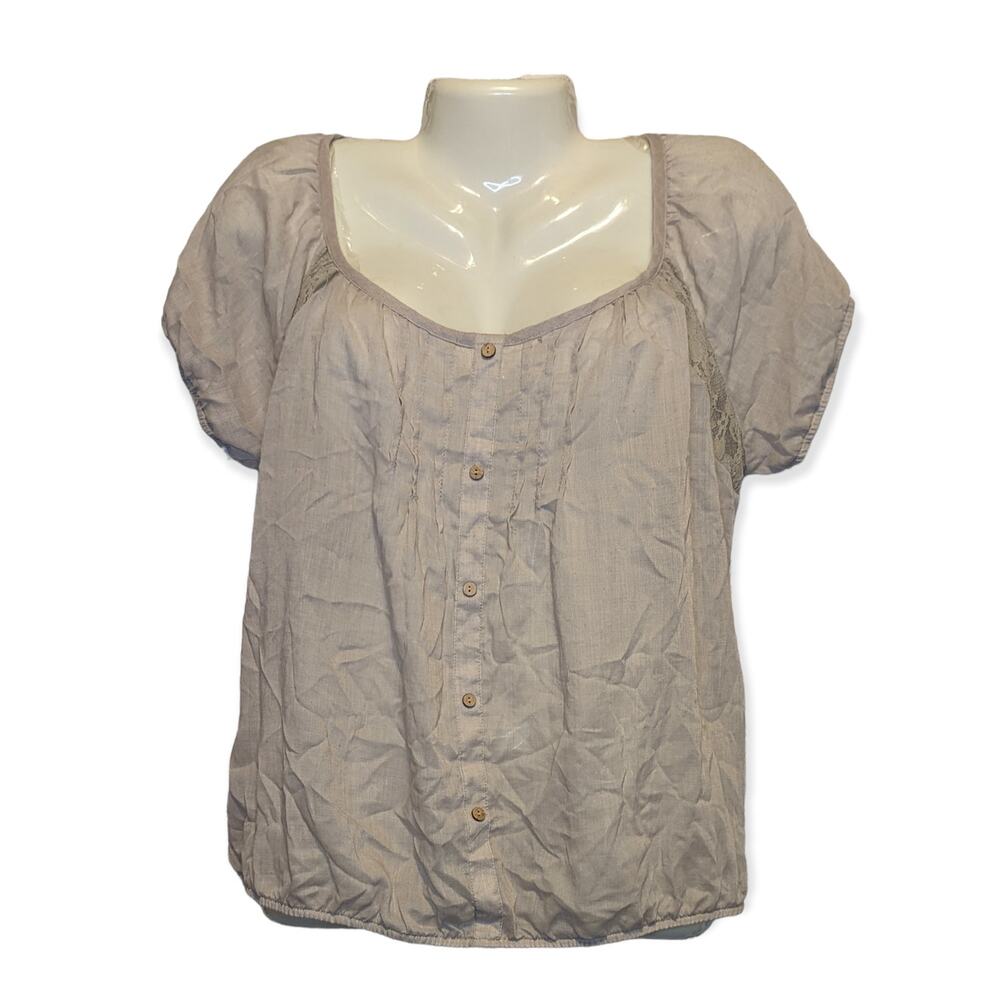 VTG NWT Dolled Up by FANG Gray Beige Lightweight Peasant Top Button Blouse XL